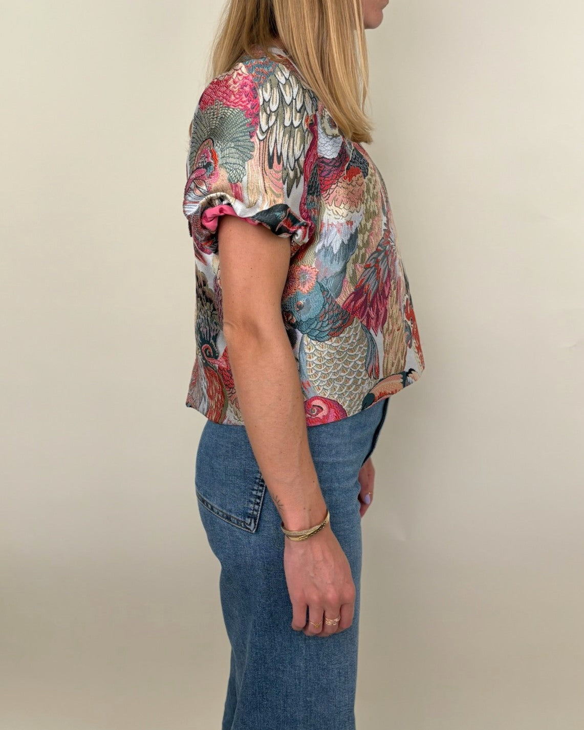 Top motif jacquard métallisé