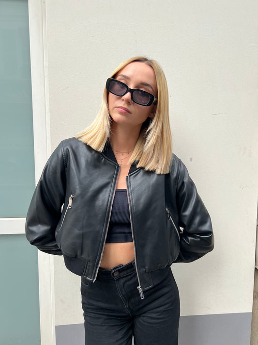 Faux leather short bomber jacket